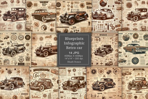 Download Retro Car Blueprints Digital Paper Pack - Premium Resources